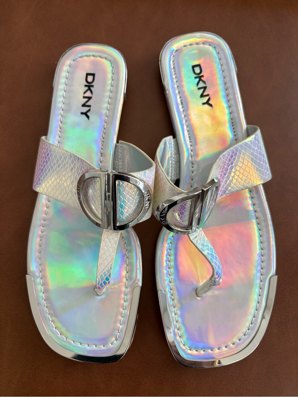 DKNY Iridescent Holographic Slip-On Thong Sandals